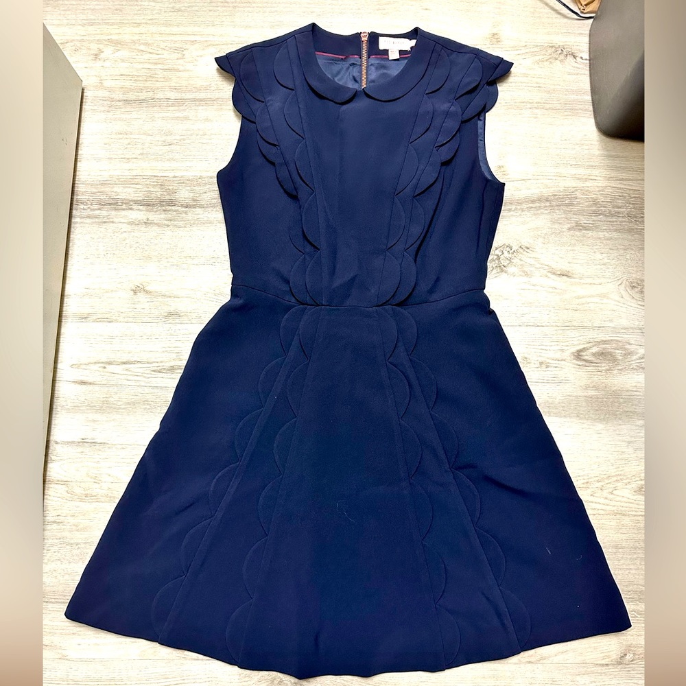 TED BAKER Aline Scalloped Panel Skater Dress - Navy Blue